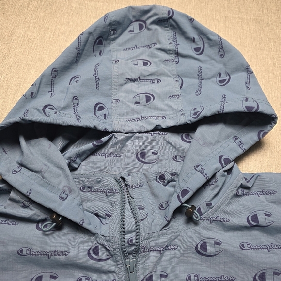 Champion All-Over Logo Print Blue Anorak Windbreaker Jacket Size Men's Large - Picture 4 of 11